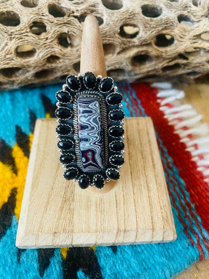 Handmade Sterling Silver, Fordite & Onyx Cluster Adjustable Ring