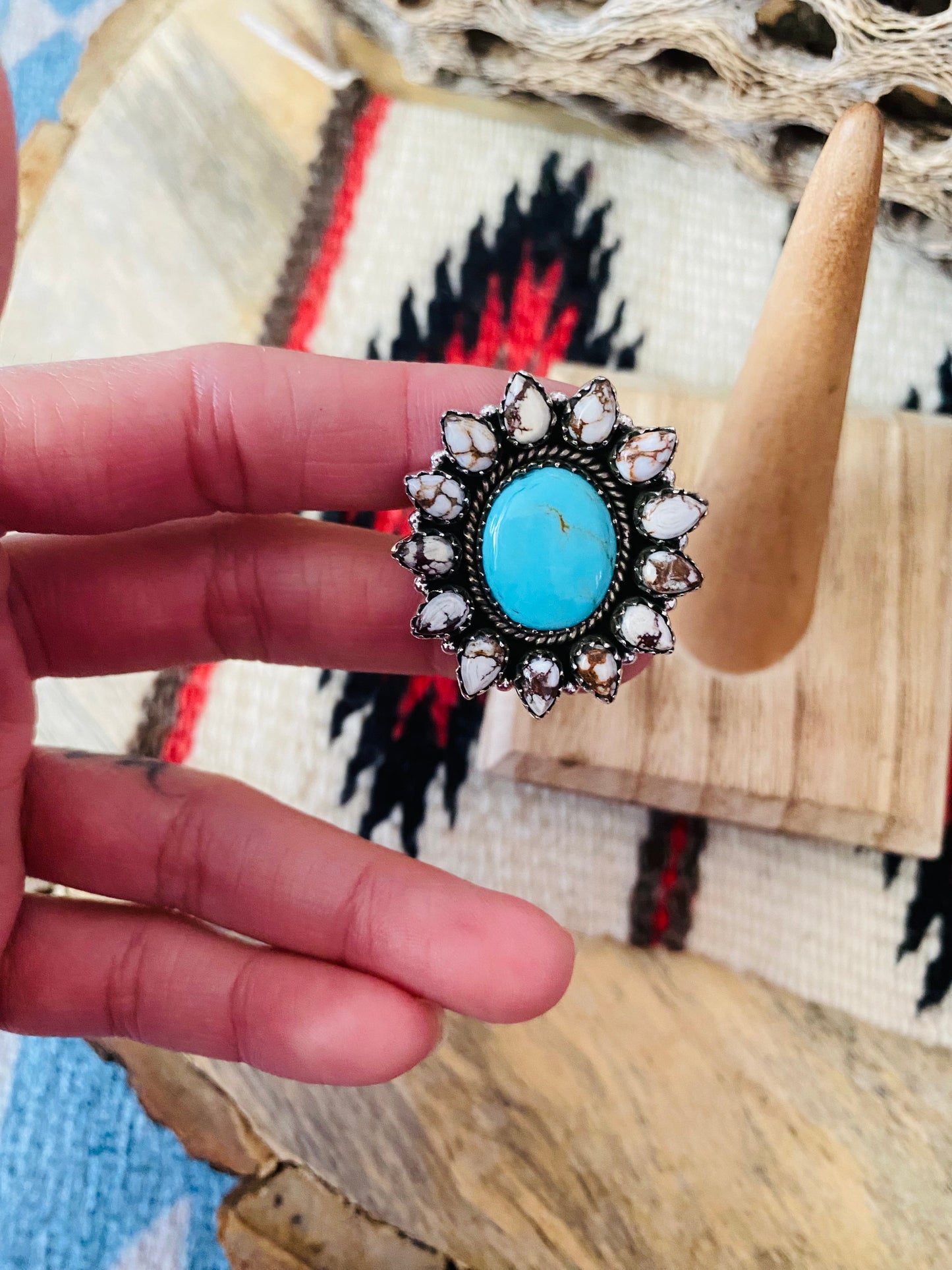 Handmade Sterling Silver, Wild Horse & Turquoise Cluster Adjustable Ring