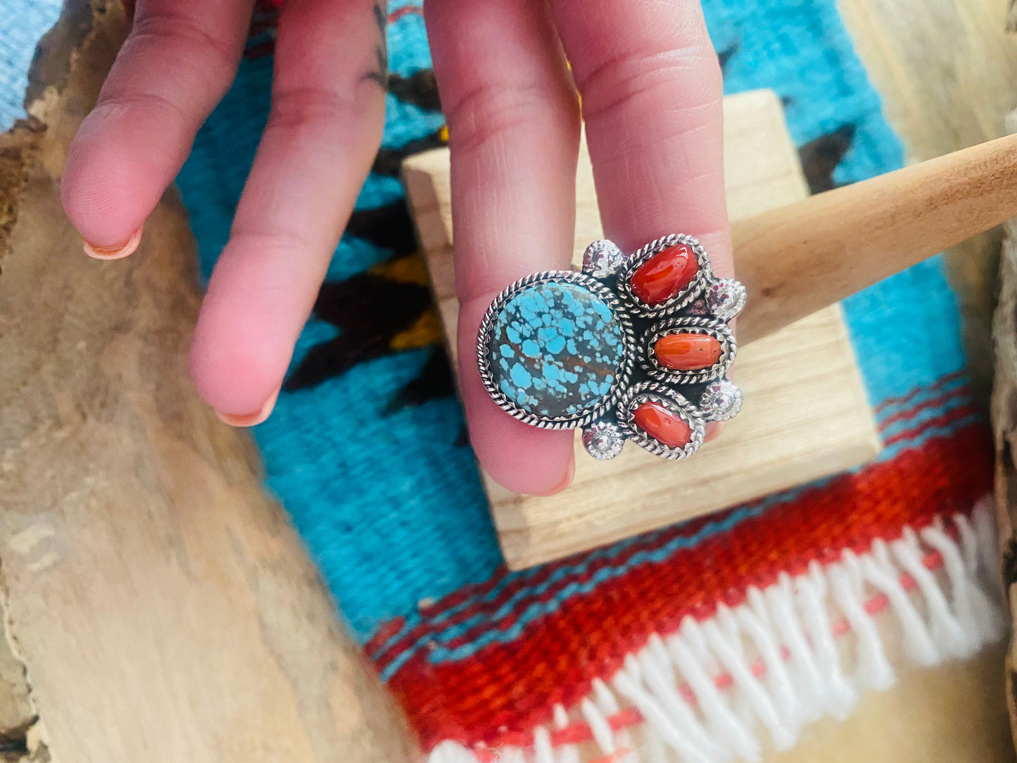 Handmade Sterling Silver, Coral & Number 8 Turquoise Adjustable Ring