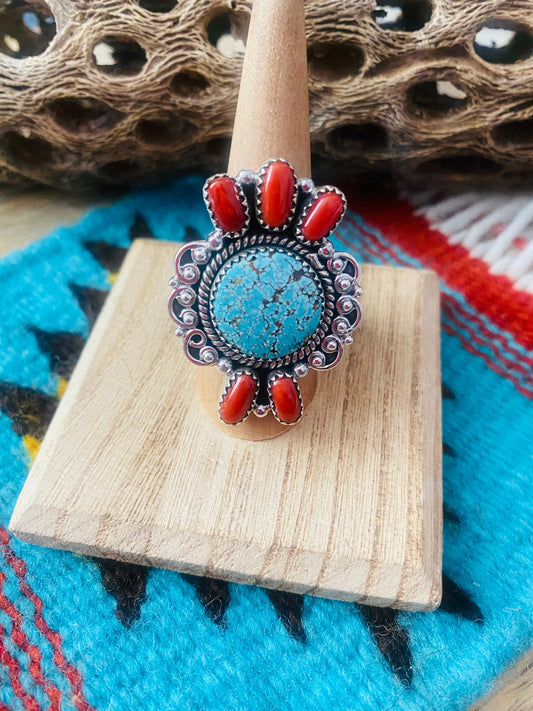 Handmade Sterling Silver, Coral & Number 8 Turquoise Adjustable Ring