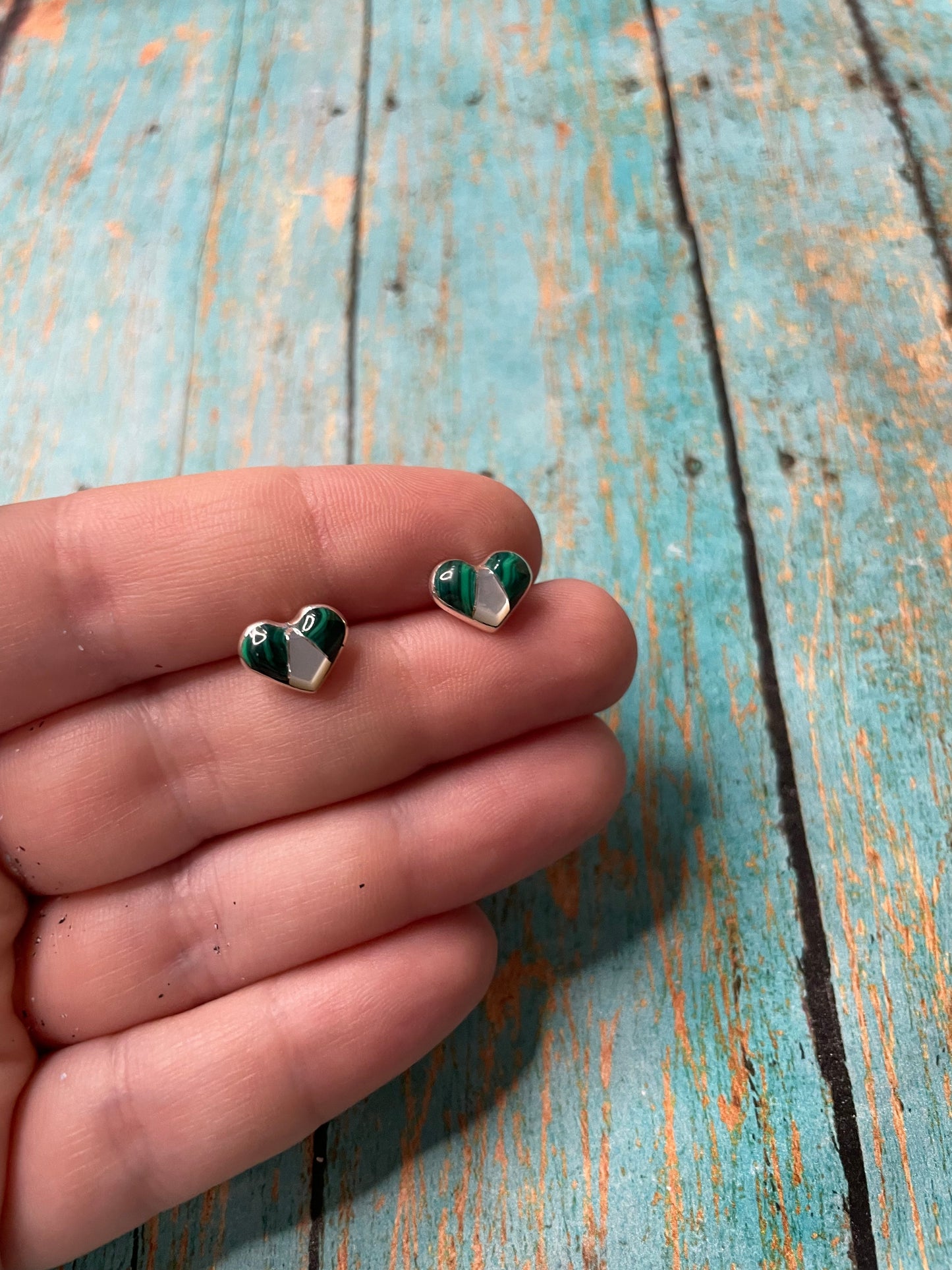 Zuni Sterling Silver, Malachite, Mother of Pearl Stud Heart Earrings