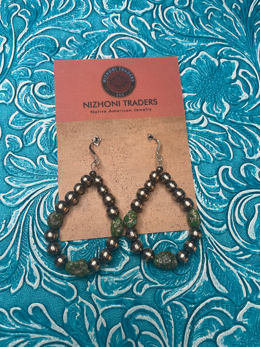 Navajo Sterling Silver Pearl Beaded Dangle Hoop Earrings