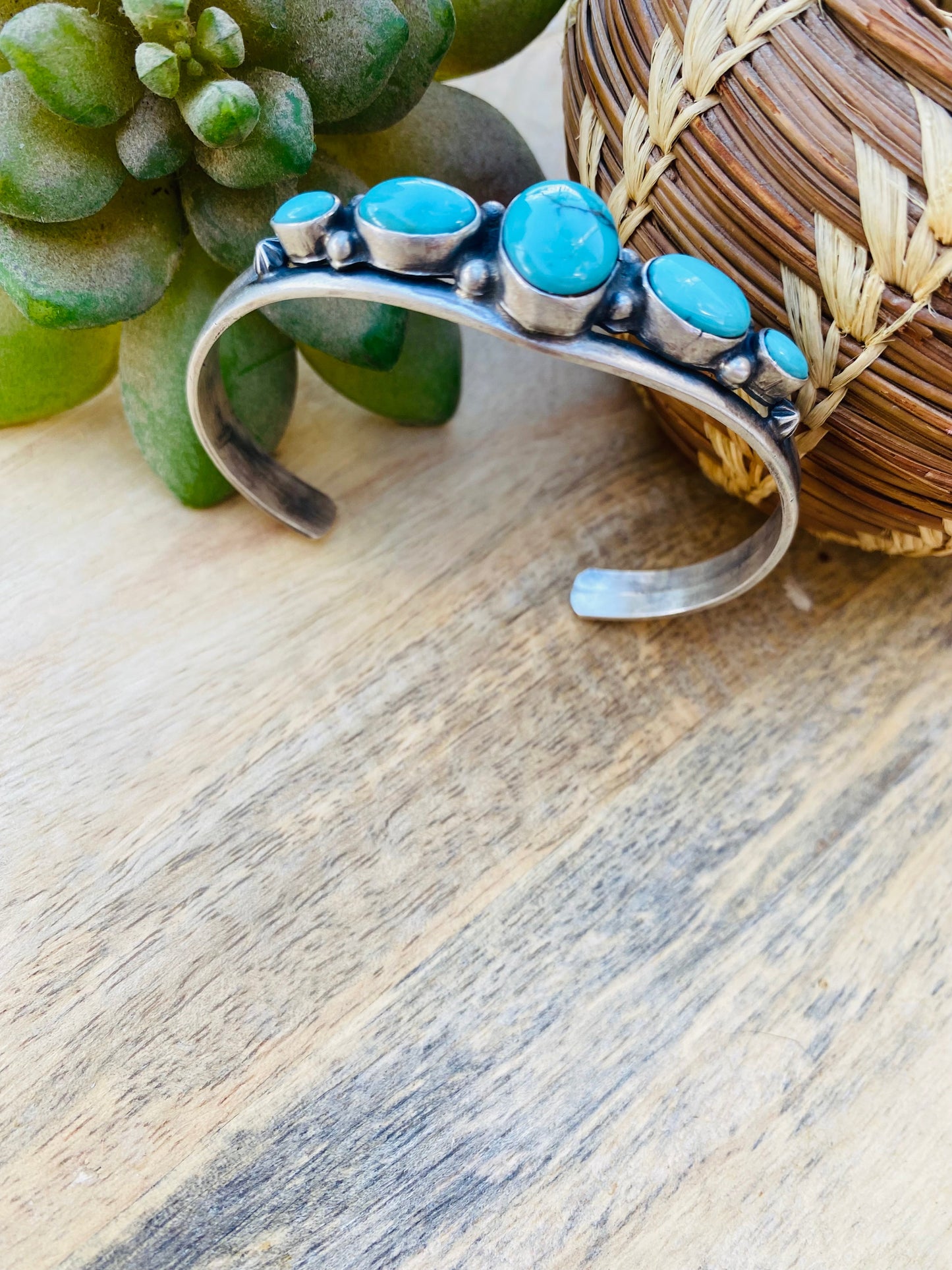 Vintage Navajo Turquoise & Sterling Silver Five Stone Cuff Bracelet Signed