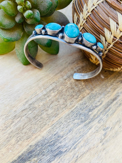 Vintage Navajo Turquoise & Sterling Silver Five Stone Cuff Bracelet Signed