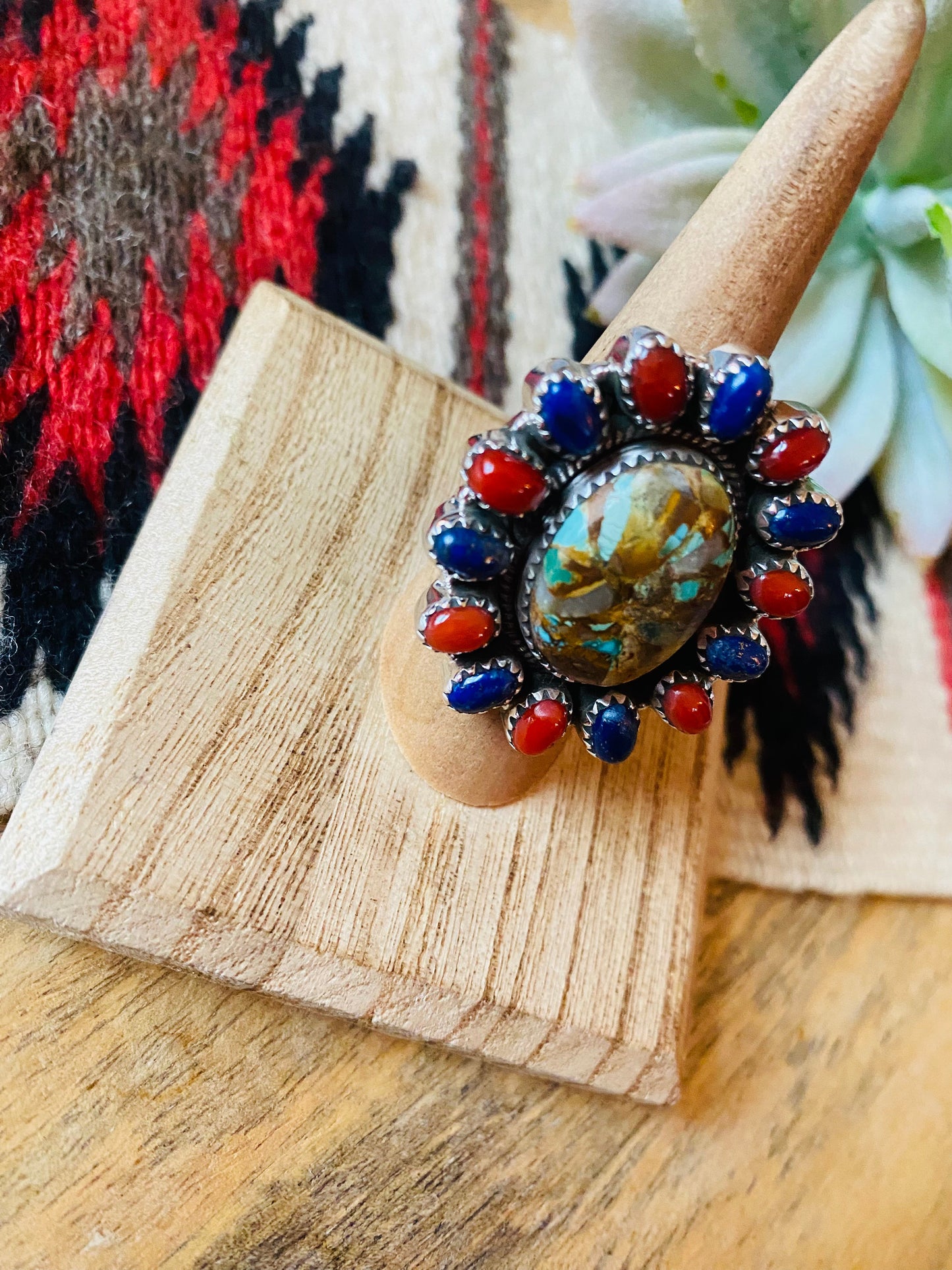 Handmade Sterling Silver, Turquoise, Coral & Lapis Cluster Adjustable Ring