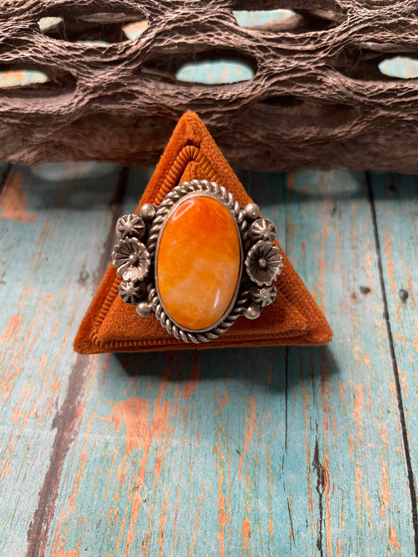 Old Pawn Navajo Sterling Silver & Orange Spiny Ring Size 9