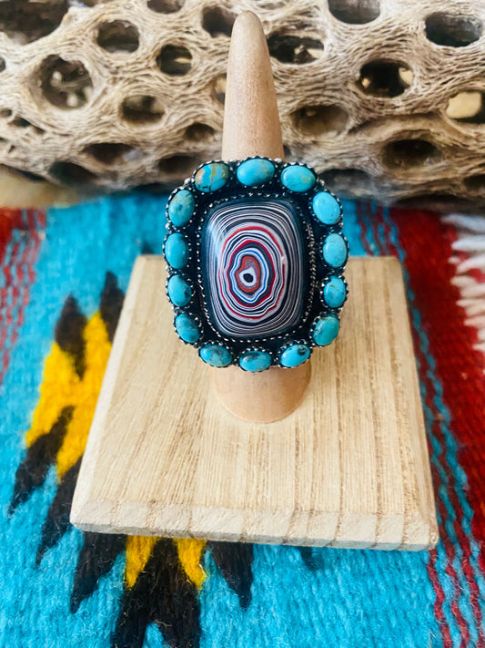 Handmade Sterling Silver, Fordite & Turquoise Cluster Adjustable Ring