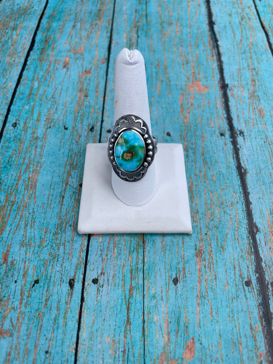 Navajo Sonoran Mountain Turquoise And Sterling Silver Statement Ring Size 9