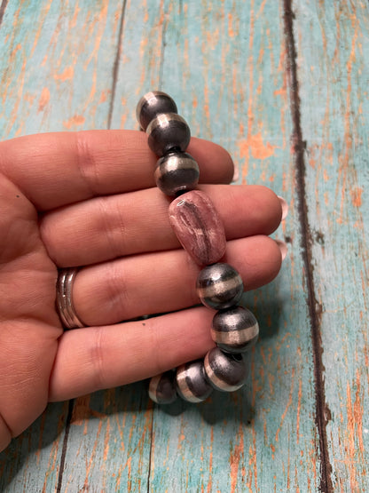 Navajo Sterling Silver And Rhodochrosite 12mm Beaded Bracelet