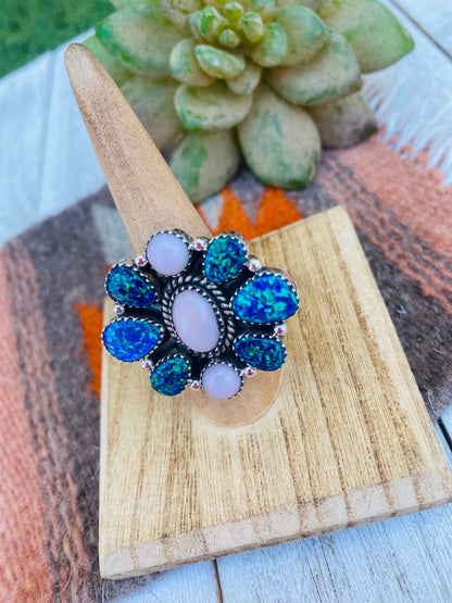 Handmade Sterling Silver, Opal & Queen Pink Cluster Adjustable Ring