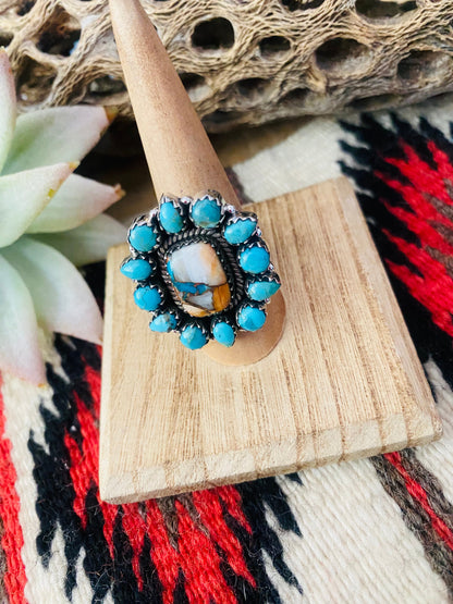 Handmade Sterling Silver, Spice & Turquoise Cluster Adjustable Ring