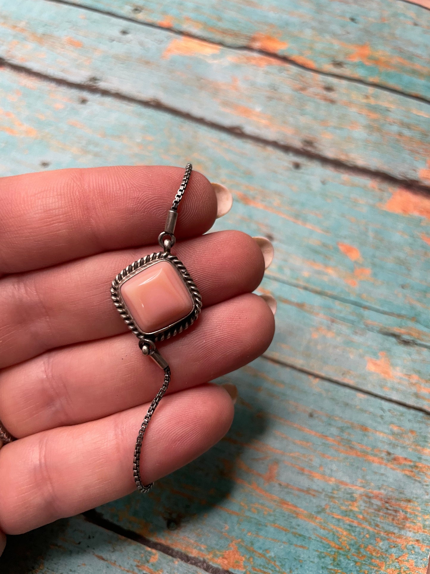 Navajo Queen Pink Conch Shell & Sterling Silver Chain Bracelet By P. Skeets