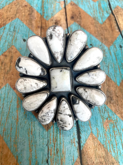 Navajo Sterling Silver & White Buffalo Cluster Adjustable Ring