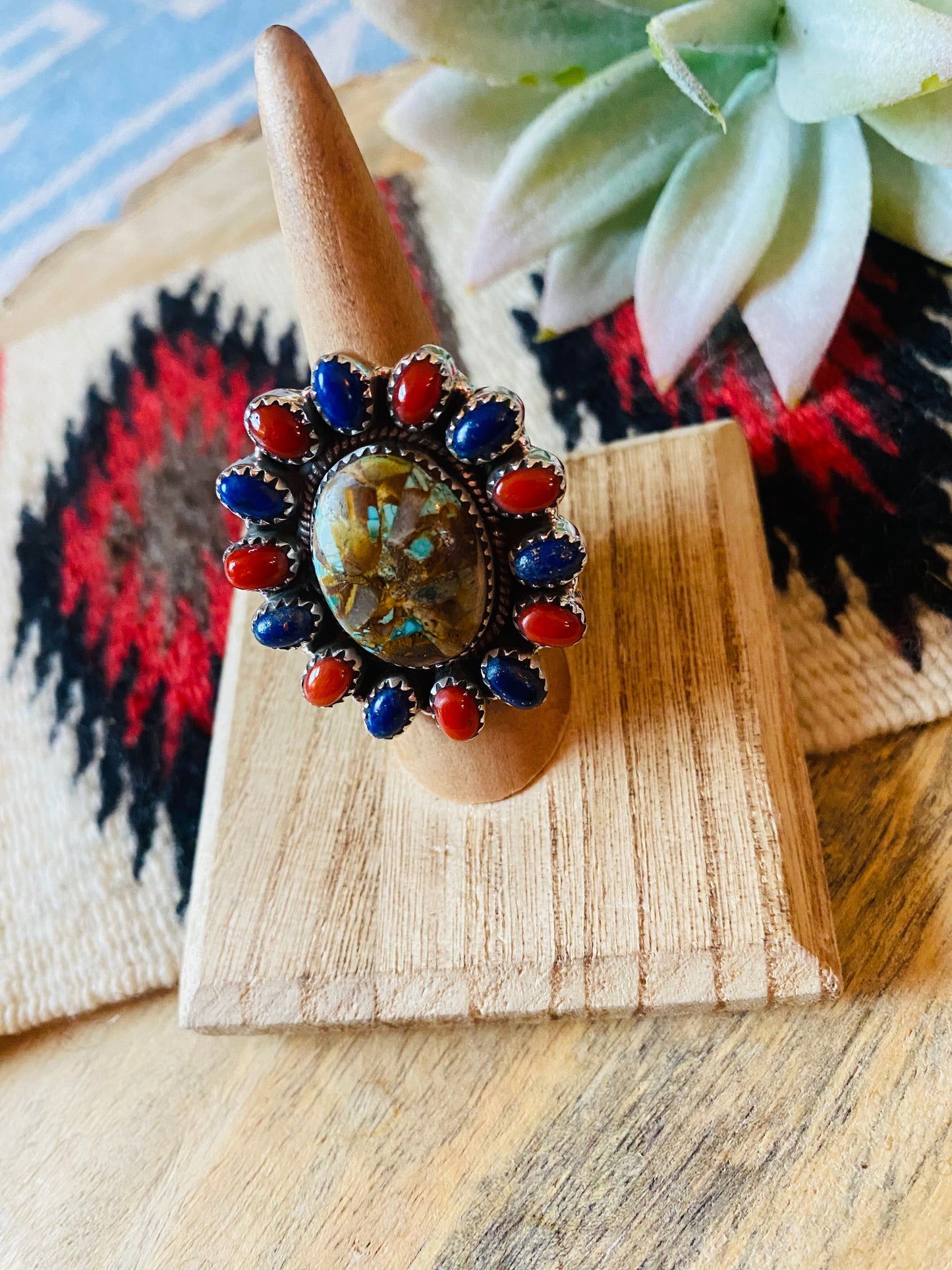 Handmade Sterling Silver, Turquoise, Coral & Lapis Cluster Adjustable Ring