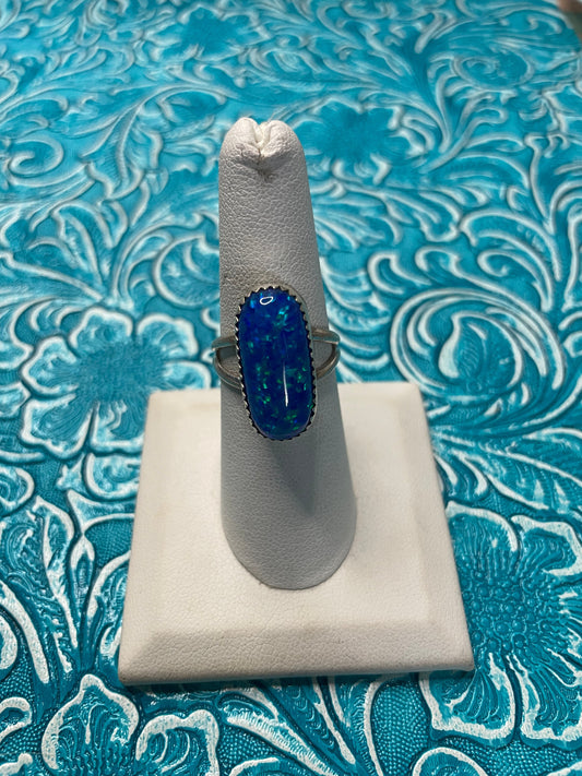 Navajo Man Made Sterling Silver & Blue Opal Ring Signed