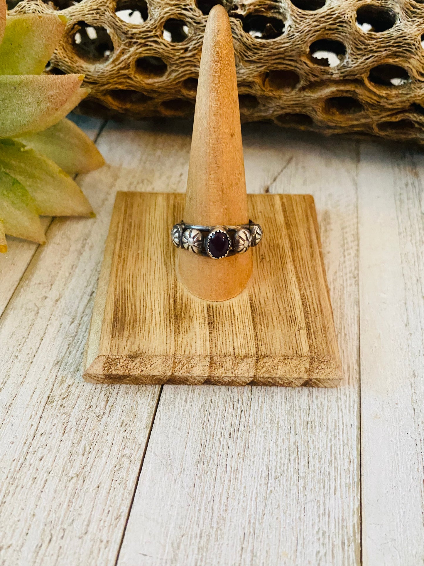 Navajo Purple Spiny and Sterling Silver Concho Band Ring