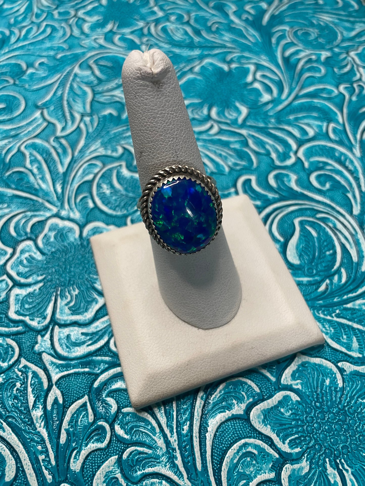 Navajo Man Made Sterling Silver & Blue Opal Ring Signed