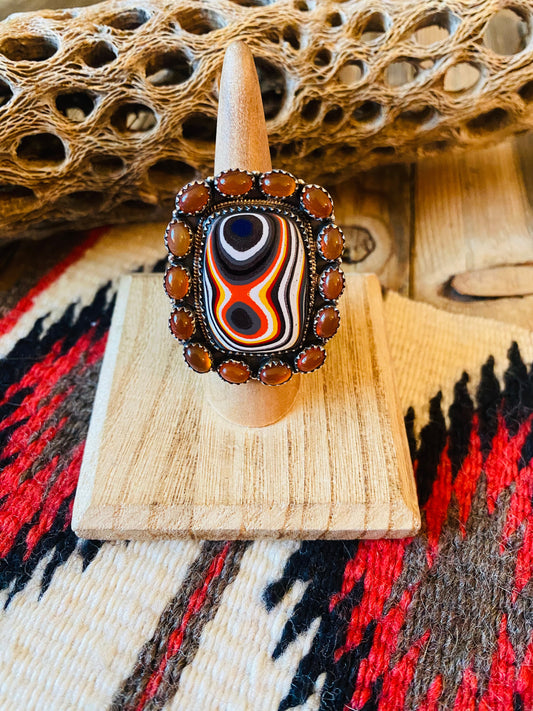 Handmade Sterling Silver, Fordite & Garnet Cluster Adjustable Ring