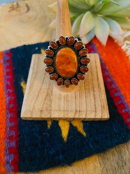 Handmade Sterling Silver, Carnelian & Spiny Mohave Cluster Adjustable Ring