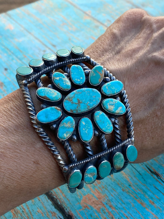 Navajo Jacqueline Silver Royston Turquoise & Sterling Cluster Cuff