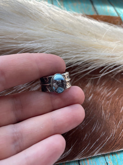 Navajo Golden Hills Turquoise & Tufa Cast Ring Size 6.5 Signed