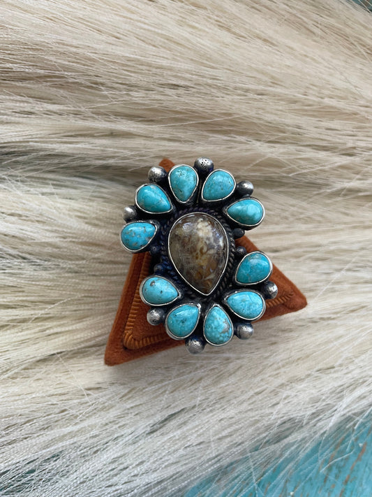 Navajo Sterling Silver, Tibetan Turquoise & Turquoise Cluster Adjustable Ring