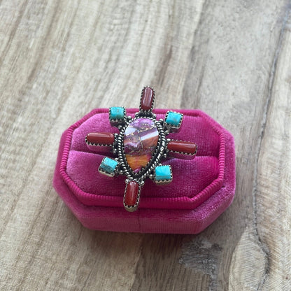 Handmade Turquoise, Coral, Pink Dream And Sterling Silver Adjustable Ring Signed Nizhoni