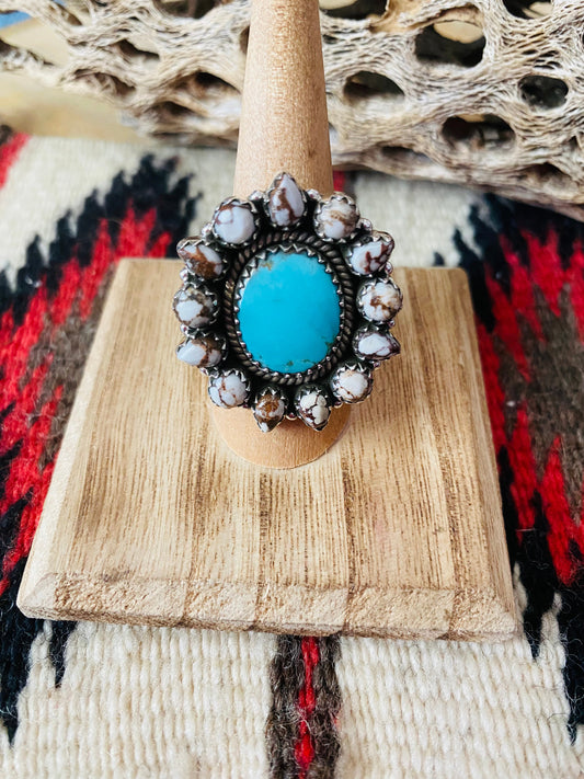 Handmade Sterling Silver, Wild Horse & Turquoise Cluster Adjustable Ring