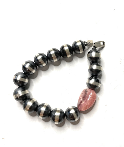 Navajo Sterling Silver And Rhodochrosite 12mm Beaded Bracelet