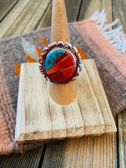 Navajo Sterling Silver, Orange Spiny & Turquoise Inlay Ring Size 6.5