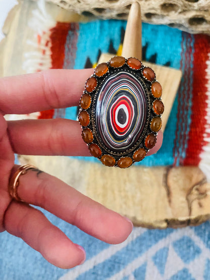 Handmade Sterling Silver, Fordite & Garnet Cluster Adjustable Ring