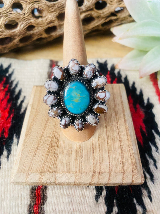 Handmade Sterling Silver, Wild Horse & Turquoise Cluster Adjustable Ring