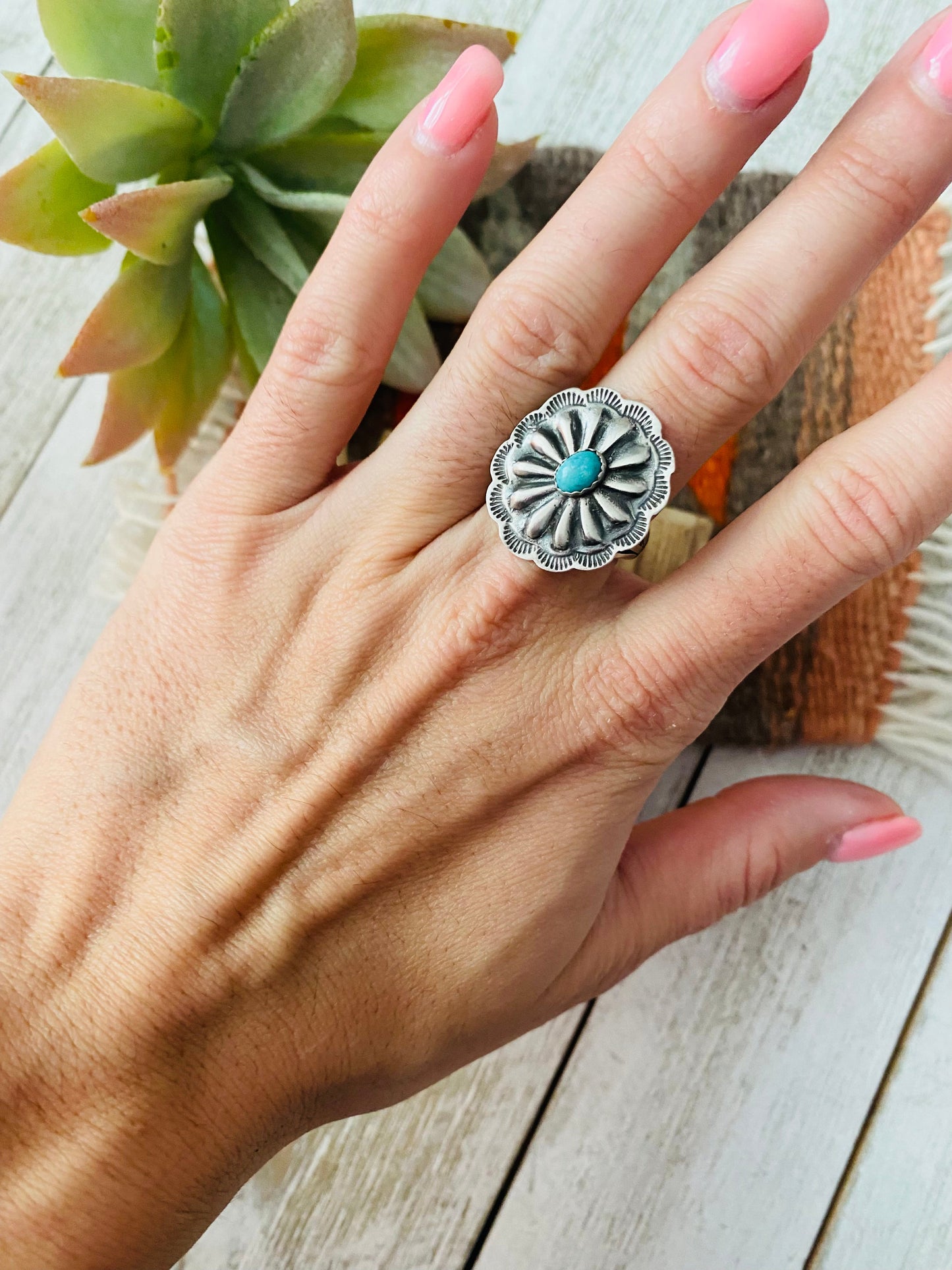 Navajo Turquoise and Sterling Silver Concho Ring