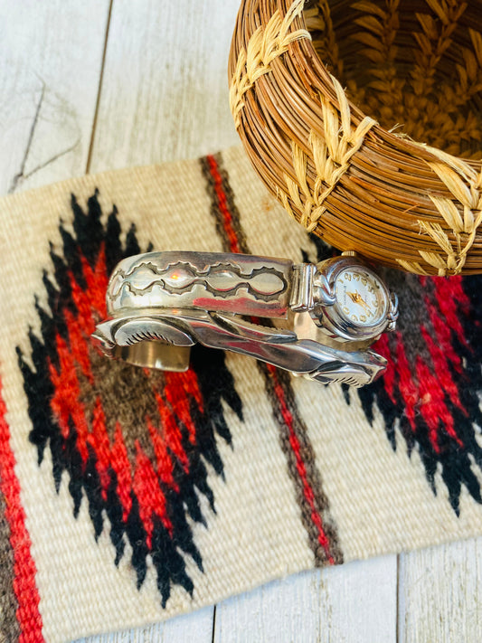 Old Pawn Vintage Navajo Hand Stamped Sterling Silver Watch Cuff