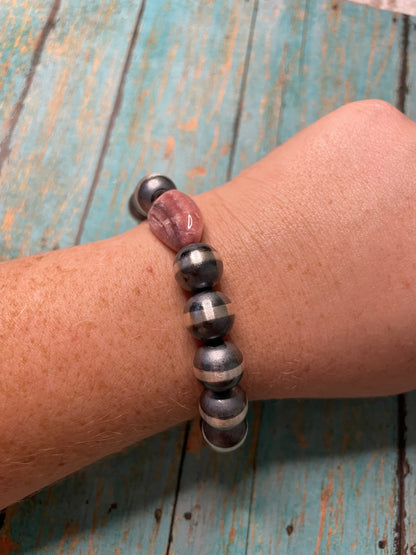 Navajo Sterling Silver And Rhodochrosite 12mm Beaded Bracelet