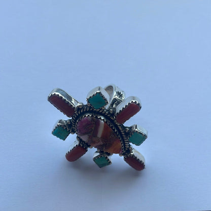 Handmade Turquoise, Coral, Pink Dream And Sterling Silver Adjustable Ring Signed Nizhoni