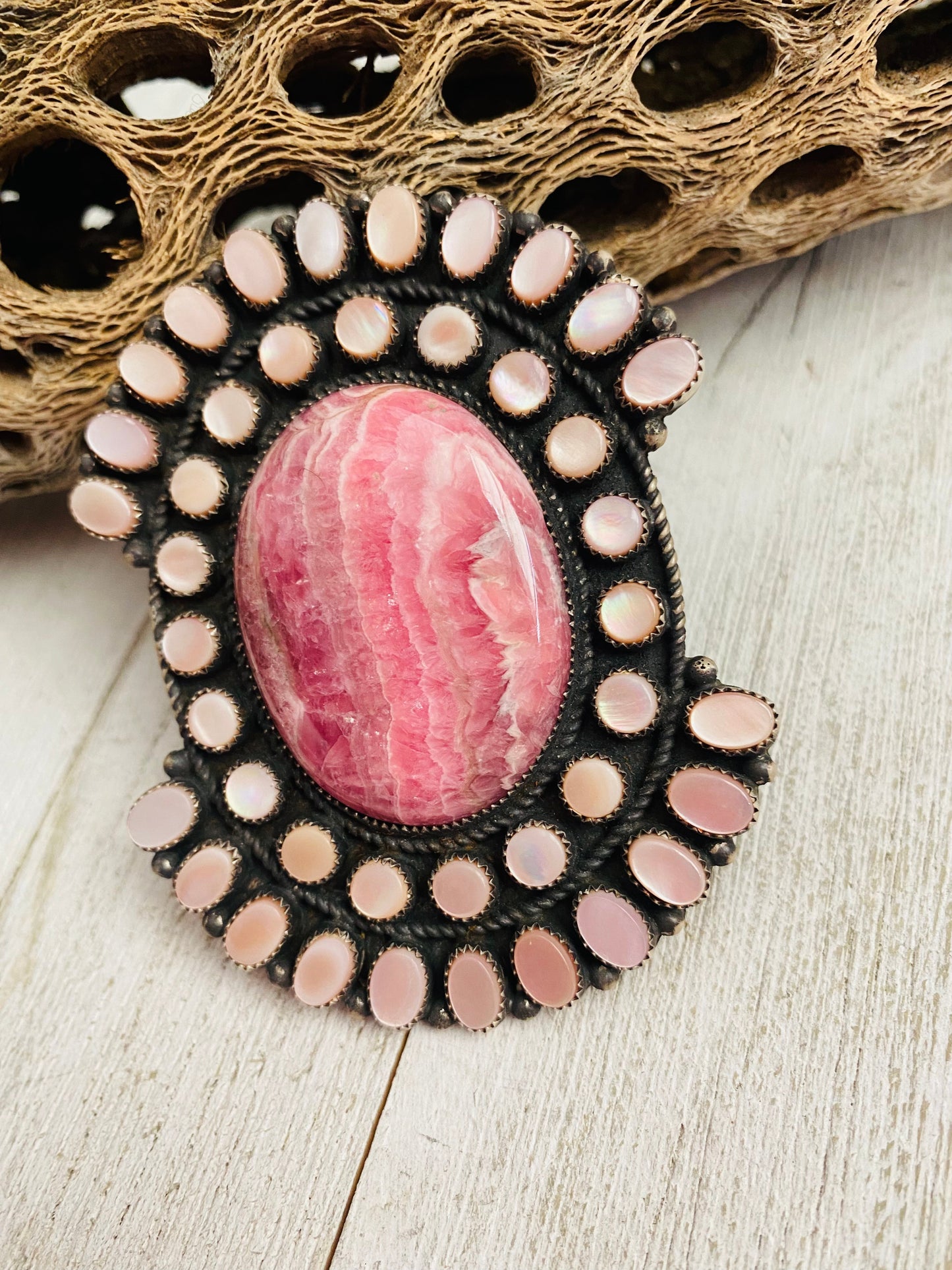 Navajo Sterling Silver, Mother of Pearl & Rhodochrosite Cluster Adjustable Ring