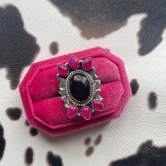 Handmade Pink & Black Onyx Sterling Silver Adjustable Ring Signed Nizhoni