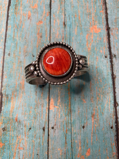 Navajo Orange Spiny & Sterling Silver Cuff Bracelet By Chimney Butte Signed