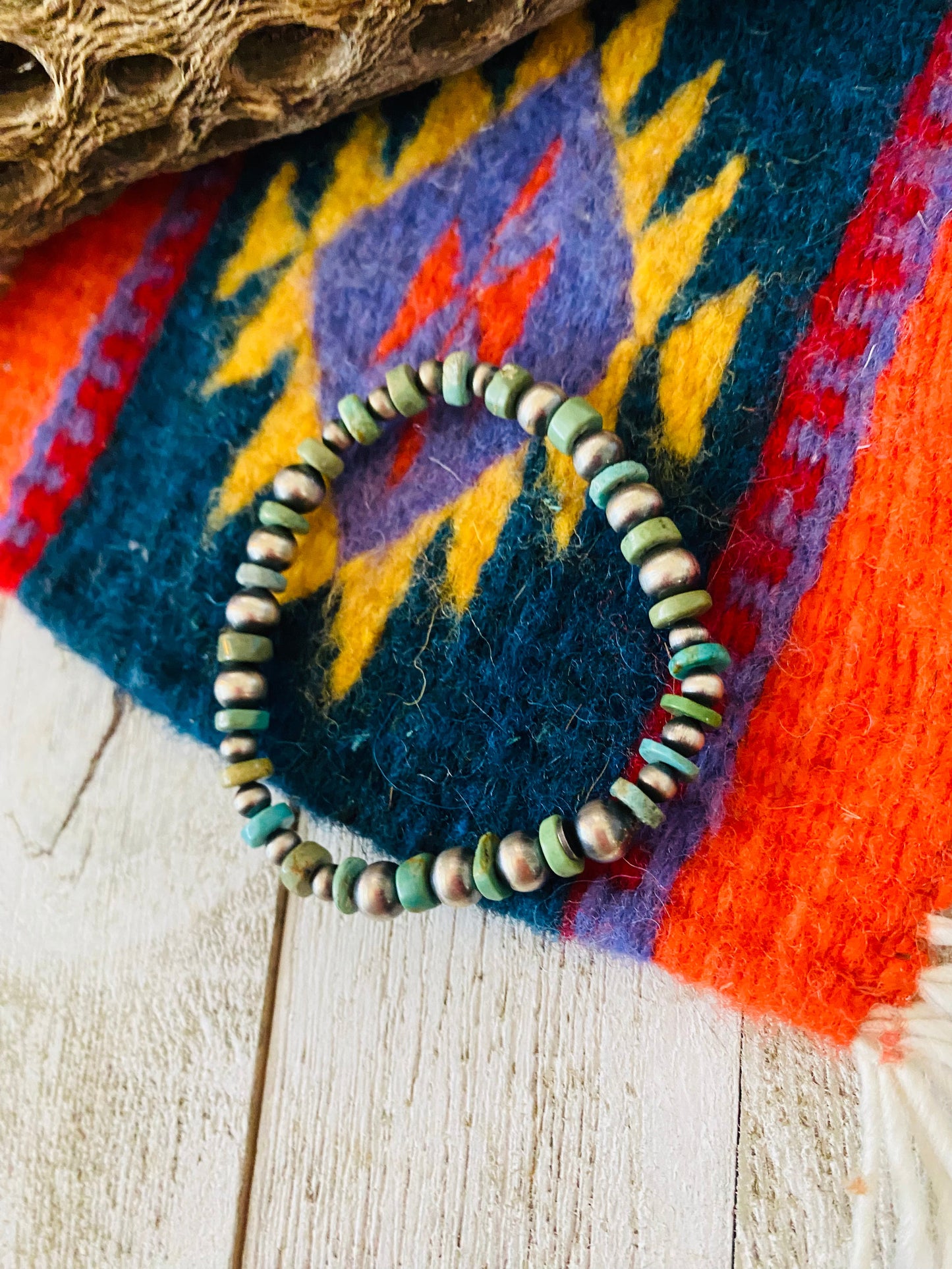 Handmade Turquoise & Sterling Silver Beaded Stretch Bracelet