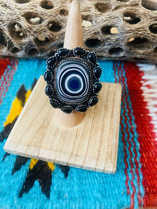 Handmade Sterling Silver, Fordite & Onyx Cluster Adjustable Ring