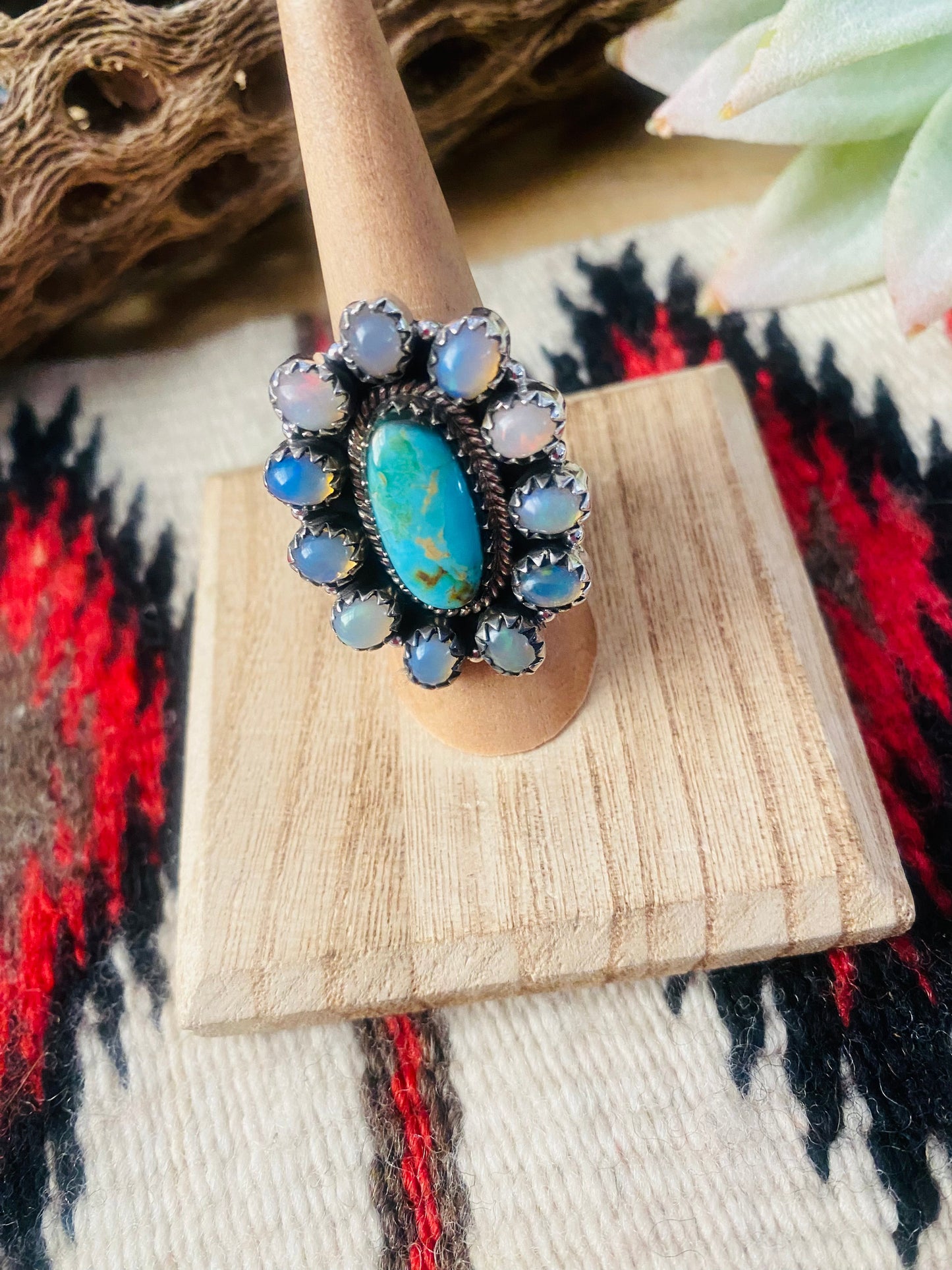 Handmade Sterling Silver, Turquoise & Opal Cluster Adjustable Ring