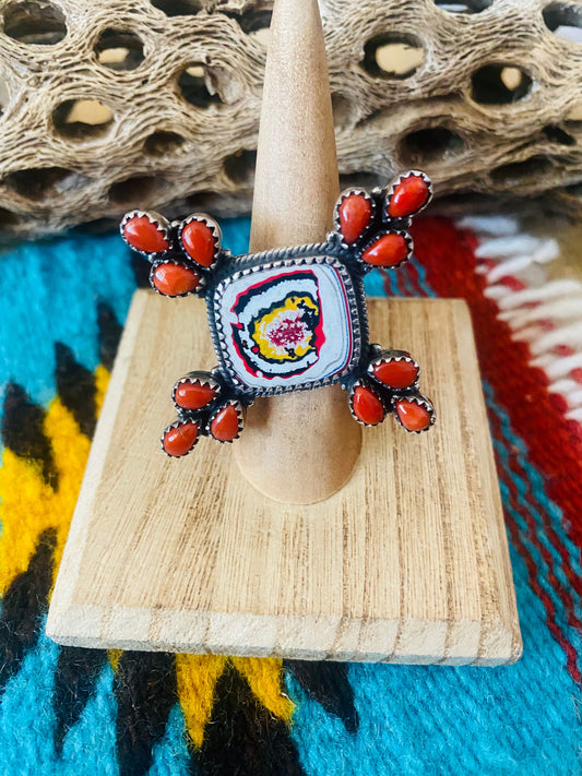 Handmade Sterling Silver, Fordite & Coral Cluster Adjustable Ring