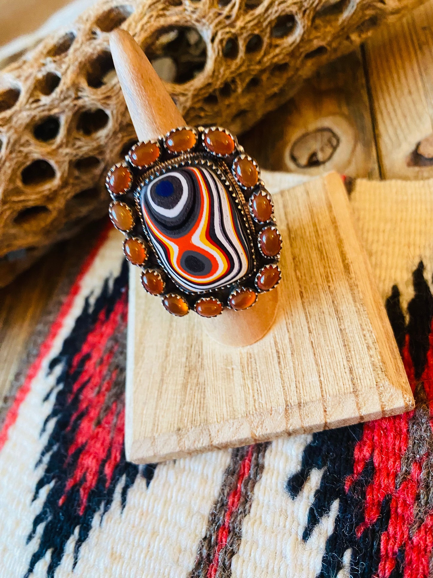 Handmade Sterling Silver, Fordite & Garnet Cluster Adjustable Ring