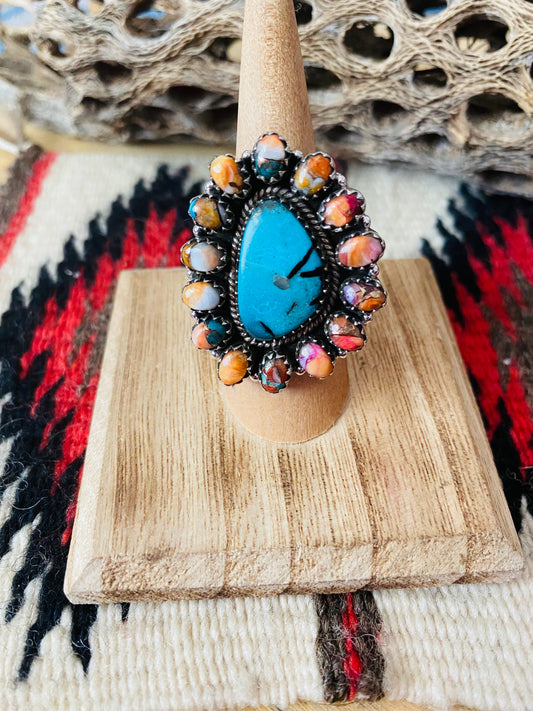 Handmade Sterling Silver, Spice & Turquoise Cluster Adjustable Ring