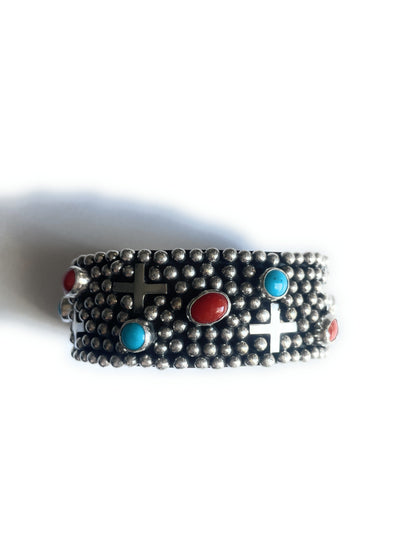 Navajo Sterling Silver, Turquoise, & Coral Cross Cuff Bracelet By Ronnie Willie