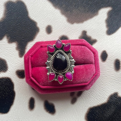 Handmade Pink & Black Onyx Sterling Silver Adjustable Ring Signed Nizhoni