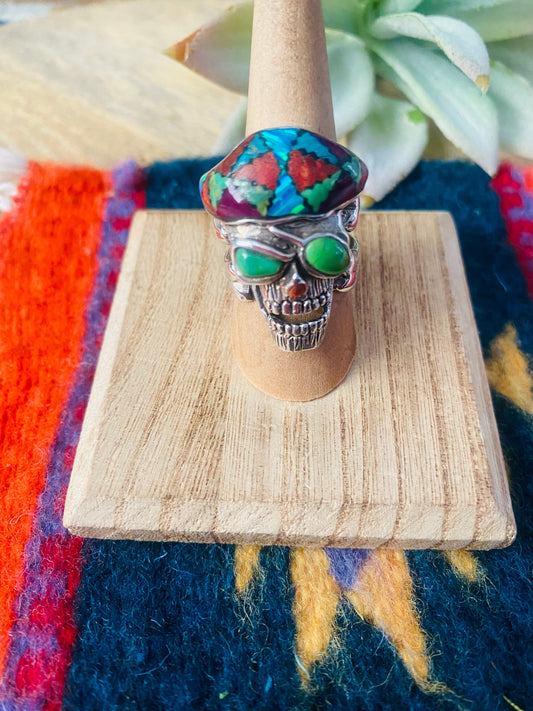 Handmade Sterling Silver & Multi Stone Inlay Skull Ring Size 8