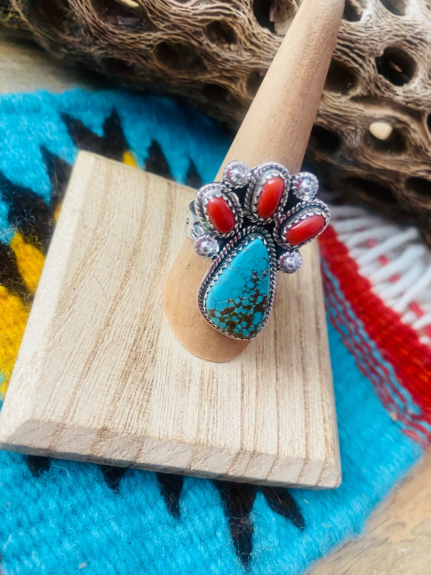 Handmade Sterling Silver, Coral & Number 8 Turquoise Adjustable Ring