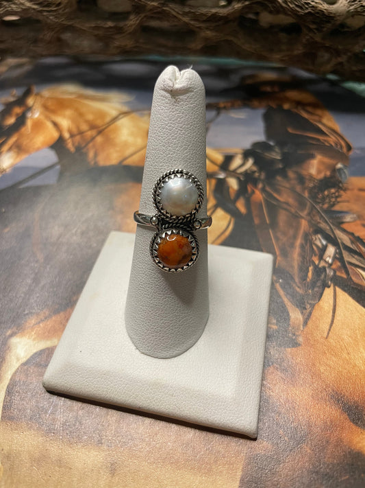 Handmade Apple Coral & Pearl Ring Size 7.5